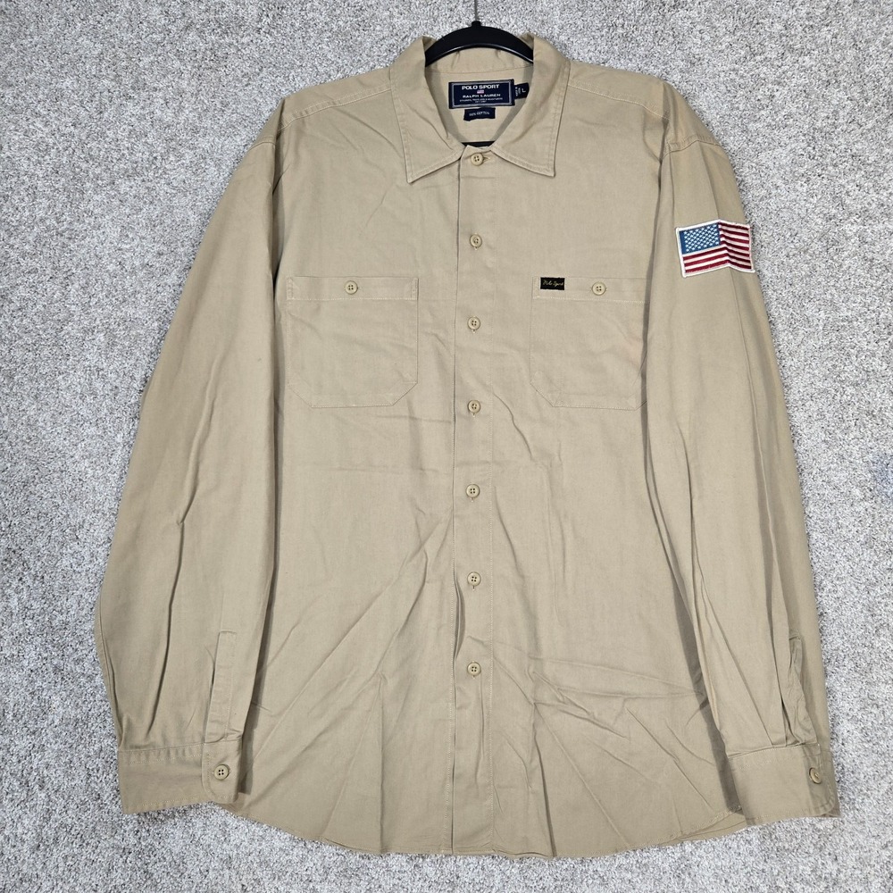 Ralph Lauren Polo sport tan brown long sleeve shirt flag patch men Large